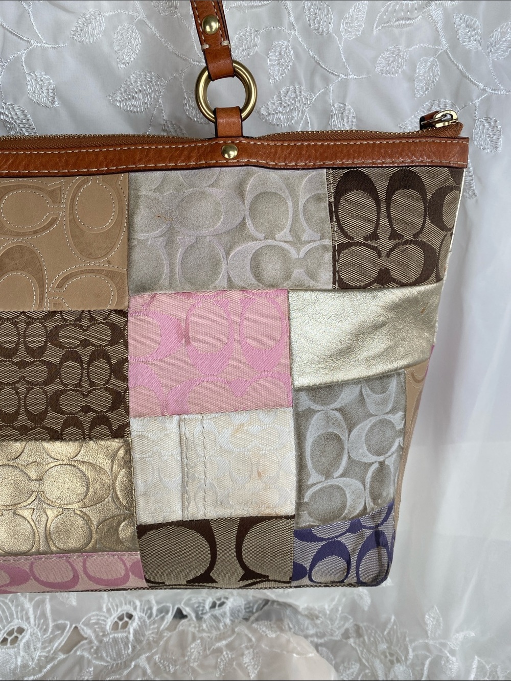 Vintage Coach 11711 Patchwork Signature Tote Bag in Multi Pink/Gold - Picture 5 of 9